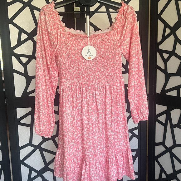 Anrabess pink flower print cotton stretch dress. Size L NWT - Picture 1 of 4